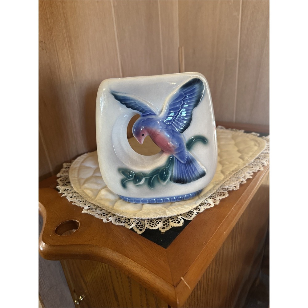 Vintage Royal Copley Ceramic‎ Pillow Vase With 3D Colorful Bluebird in Flight